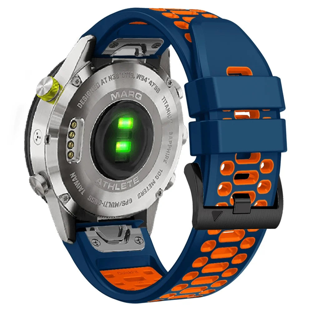 For Garmin Fenix 7 / 7 Pro 47mm Silicone Watch Strap 22mm Dual Color Band with 3 Rows Holes - Sapphire+Orange - 1