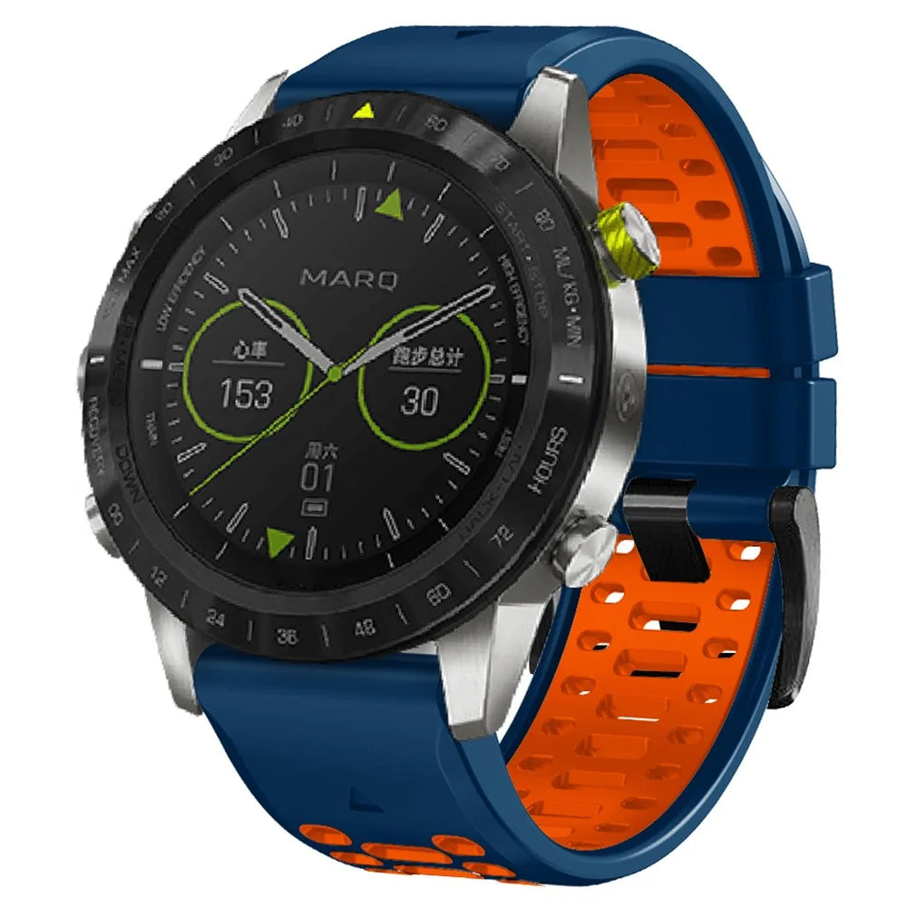 For Garmin Fenix 7 / 7 Pro 47mm Silicone Watch Strap 22mm Dual Color Band with 3 Rows Holes - Sapphire+Orange - 4