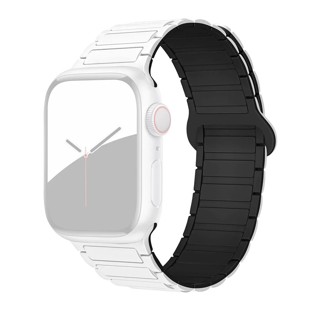 For Apple Watch Series 11 10 42mm / 9 8 7 41mm / SE3 SE2 SE 6 5 4 40mm / 3 2 1 38mm Watchband Soft Silicone Magnetic Strap - White / Black - 1