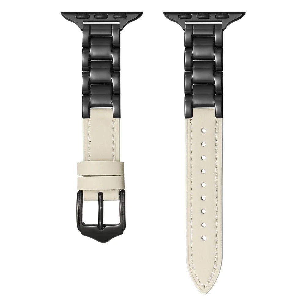 For Apple Watch Series 11 10 42mm / 9 8 7 41mm / SE3 SE2 SE 6 5 4 40mm / 3 2 1 38mm Ceramic Watch Band - Beige+Black - 1