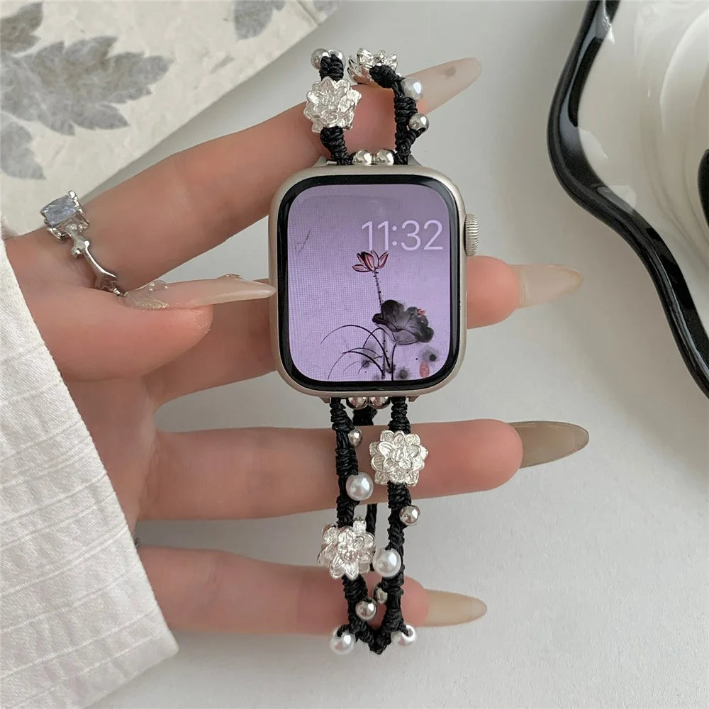Nylon Rope Strap for Apple Watch Ultra 3 2 1 49mm / Series 11 10 46mm / 9 8 7 45mm / SE3 SE2 SE 6 5 4 44mm / 3 2 1 42mm Lotus Pearl Decor Bracelet - Black - 2