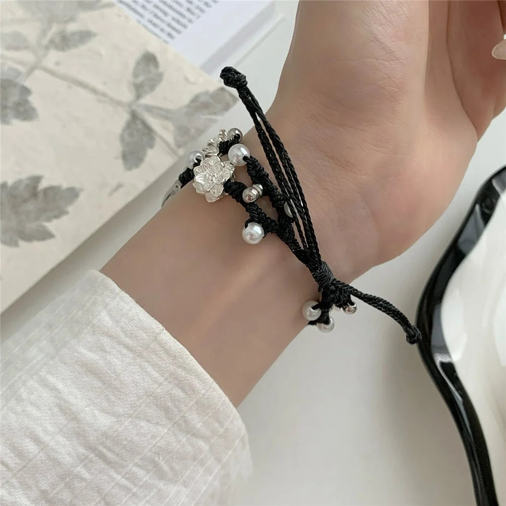 Nylon Rope Strap for Apple Watch Ultra 3 2 1 49mm / Series 11 10 46mm / 9 8 7 45mm / SE3 SE2 SE 6 5 4 44mm / 3 2 1 42mm Lotus Pearl Decor Bracelet - Black - 3