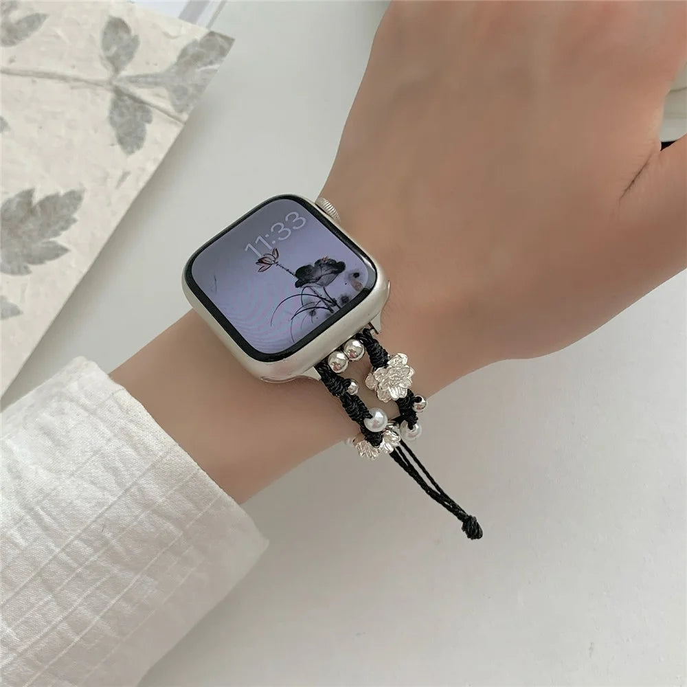 Nylon Rope Strap for Apple Watch Ultra 3 2 1 49mm / Series 11 10 46mm / 9 8 7 45mm / SE3 SE2 SE 6 5 4 44mm / 3 2 1 42mm Lotus Pearl Decor Bracelet - Black - 4