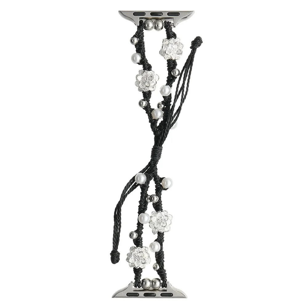 For Apple Watch Series 11 10 42mm / 9 8 7 41mm / SE3 SE2 SE 6 5 4 40mm / 3 2 1 38mm Lotus Pearl Decor Watch Strap - Black - 1