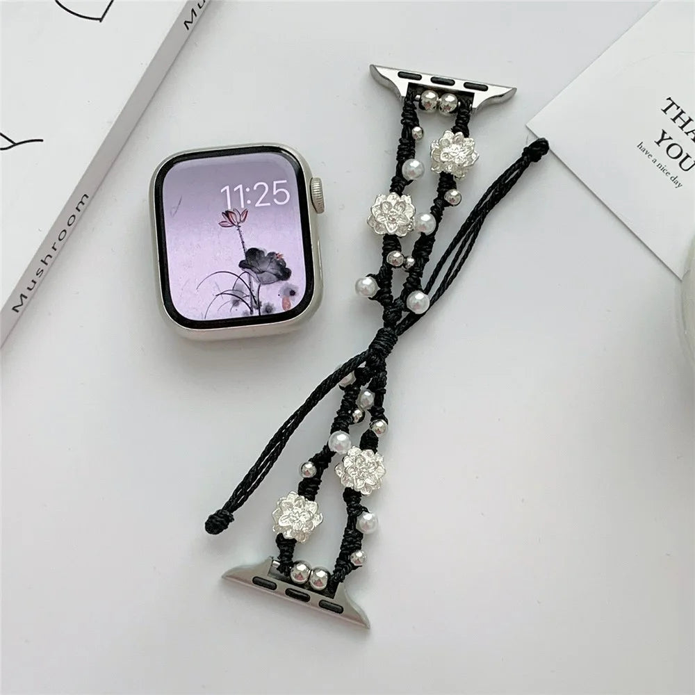 For Apple Watch Series 11 10 42mm / 9 8 7 41mm / SE3 SE2 SE 6 5 4 40mm / 3 2 1 38mm Lotus Pearl Decor Watch Strap - Black - 5