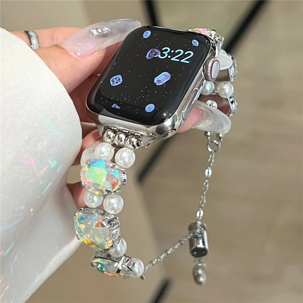Watch Strap for Apple Watch Ultra 3 2 1 49mm / Series 11 10 46mm / 9 8 7 45mm / SE3 SE2 SE 6 5 4 44mm / 3 2 1 42mm - Elastic Style / Laser Gem+White Pearl - 2