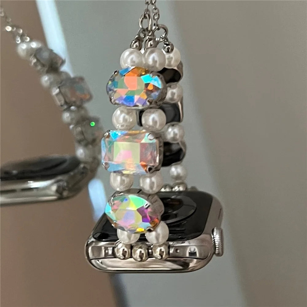 Watch Strap for Apple Watch Ultra 3 2 1 49mm / Series 11 10 46mm / 9 8 7 45mm / SE3 SE2 SE 6 5 4 44mm / 3 2 1 42mm - Elastic Style / Laser Gem+White Pearl - 3