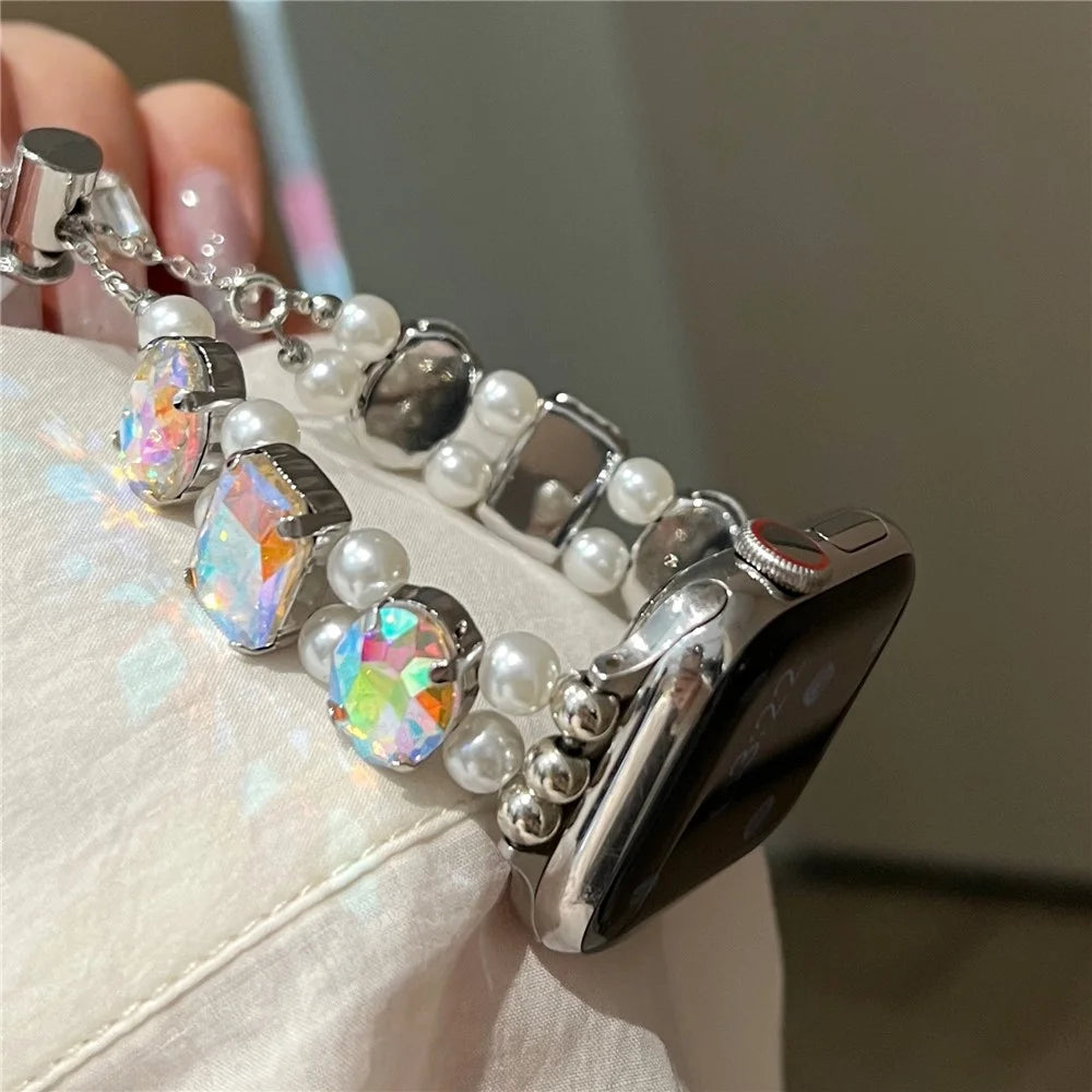 Watch Strap for Apple Watch Ultra 3 2 1 49mm / Series 11 10 46mm / 9 8 7 45mm / SE3 SE2 SE 6 5 4 44mm / 3 2 1 42mm - Elastic Style / Laser Gem+White Pearl - 4
