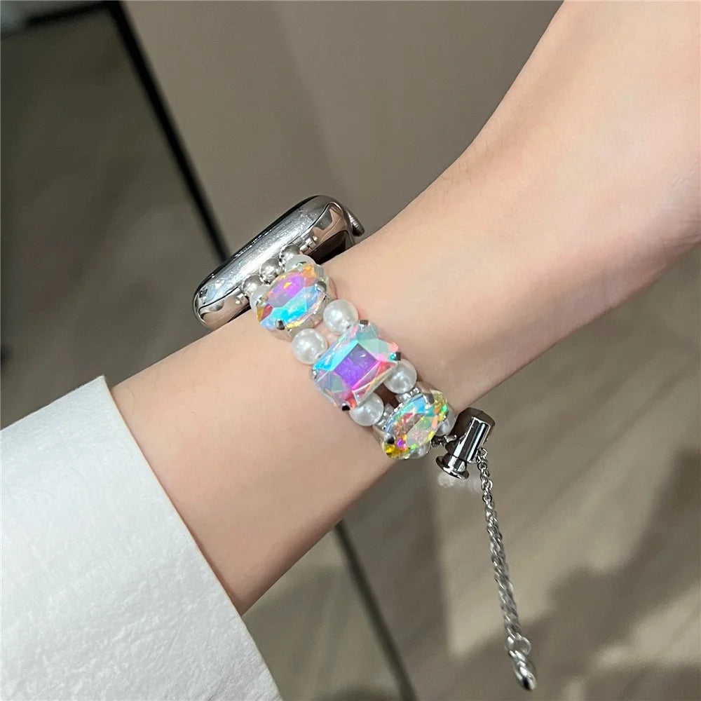 Watch Strap for Apple Watch Ultra 3 2 1 49mm / Series 11 10 46mm / 9 8 7 45mm / SE3 SE2 SE 6 5 4 44mm / 3 2 1 42mm - Elastic Style / Laser Gem+White Pearl - 5
