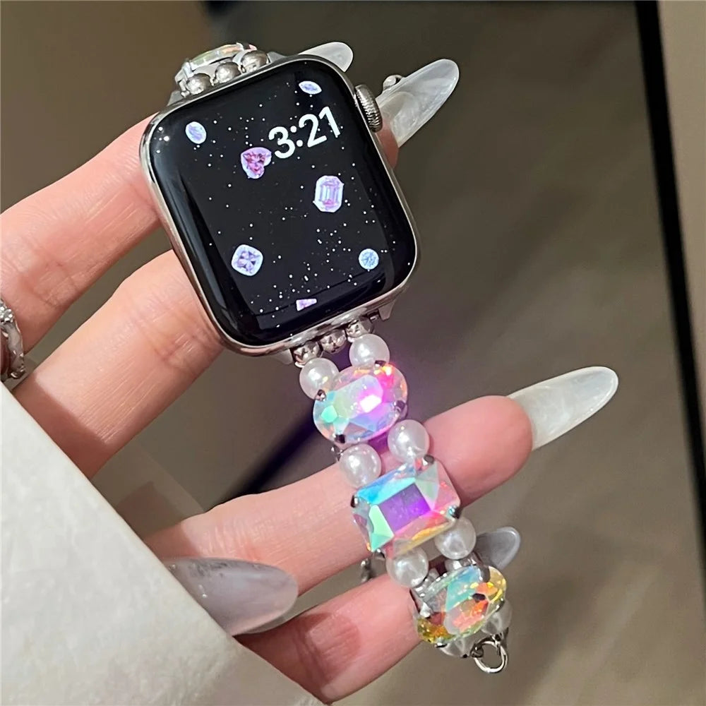 Watch Strap for Apple Watch Ultra 3 2 1 49mm / Series 11 10 46mm / 9 8 7 45mm / SE3 SE2 SE 6 5 4 44mm / 3 2 1 42mm - Elastic Style / Laser Gem+White Pearl - 6