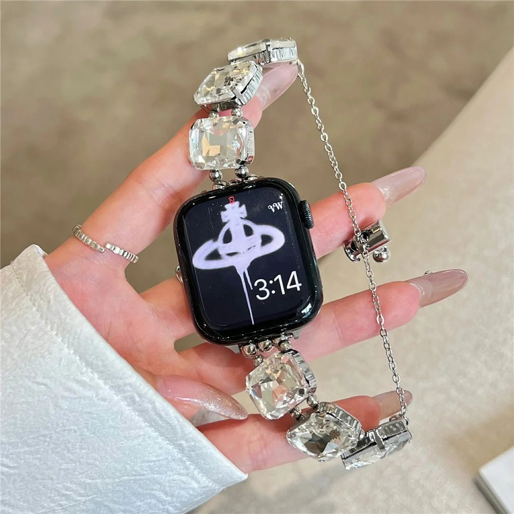 For Apple Watch Ultra 3 2 1 49mm / Series 11 10 46mm / 9 8 7 45mm / SE3 SE2 SE 6 5 4 44mm / 3 2 1 42mm Gem Watch Strap Bracelet - White Gem / Silver - 2