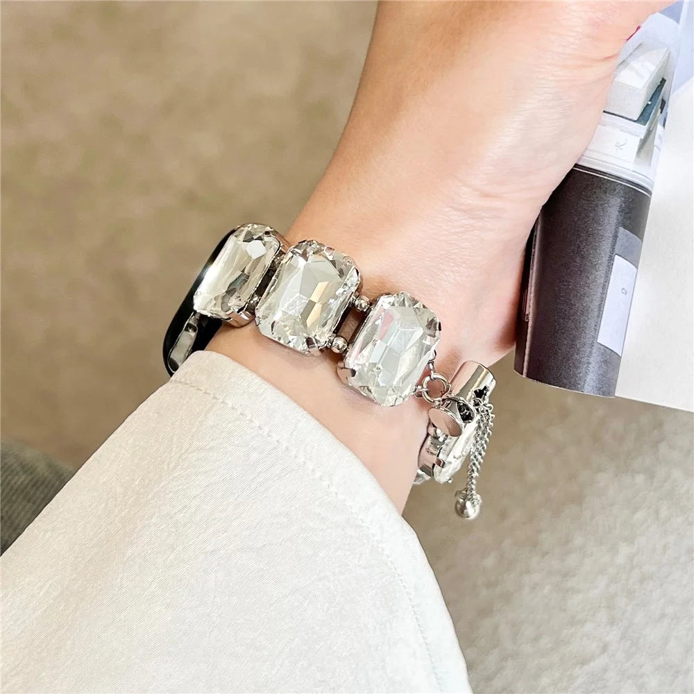 For Apple Watch Ultra 3 2 1 49mm / Series 11 10 46mm / 9 8 7 45mm / SE3 SE2 SE 6 5 4 44mm / 3 2 1 42mm Gem Watch Strap Bracelet - White Gem / Silver - 4