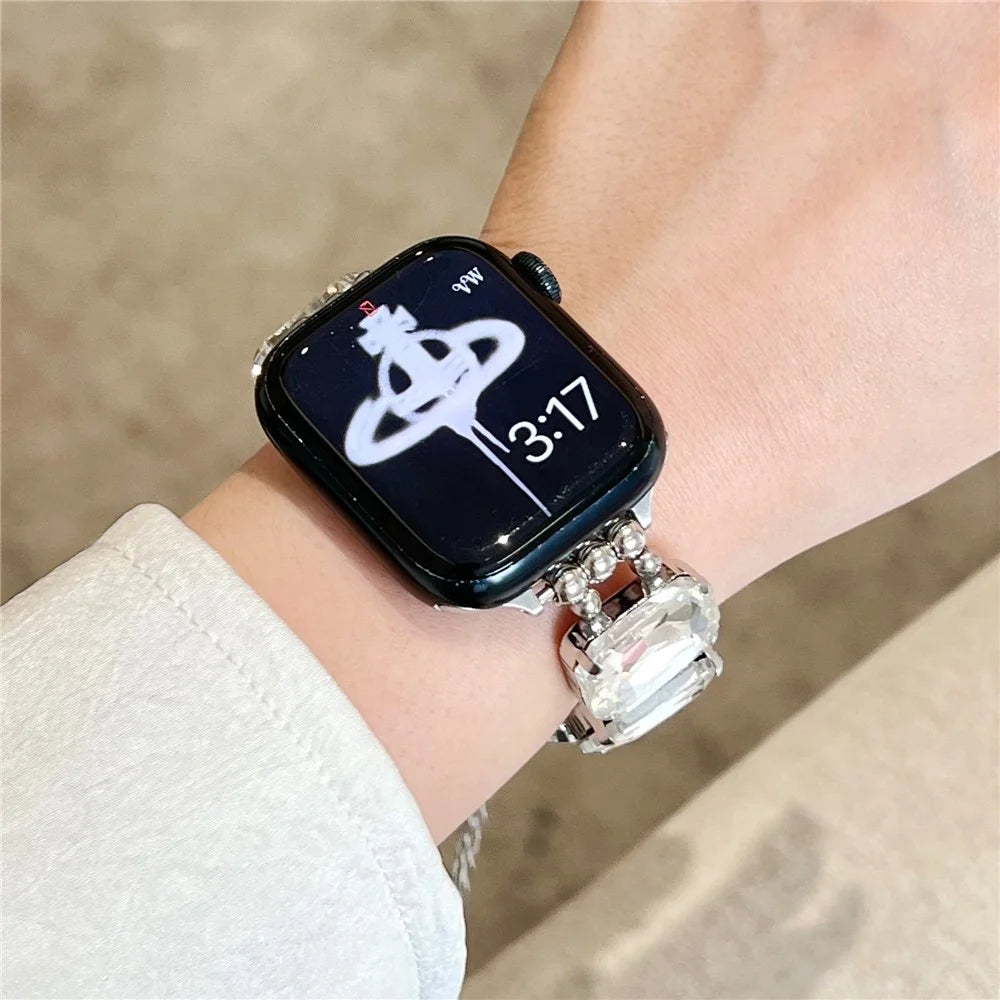 For Apple Watch Ultra 3 2 1 49mm / Series 11 10 46mm / 9 8 7 45mm / SE3 SE2 SE 6 5 4 44mm / 3 2 1 42mm Gem Watch Strap Bracelet - White Gem / Silver - 5