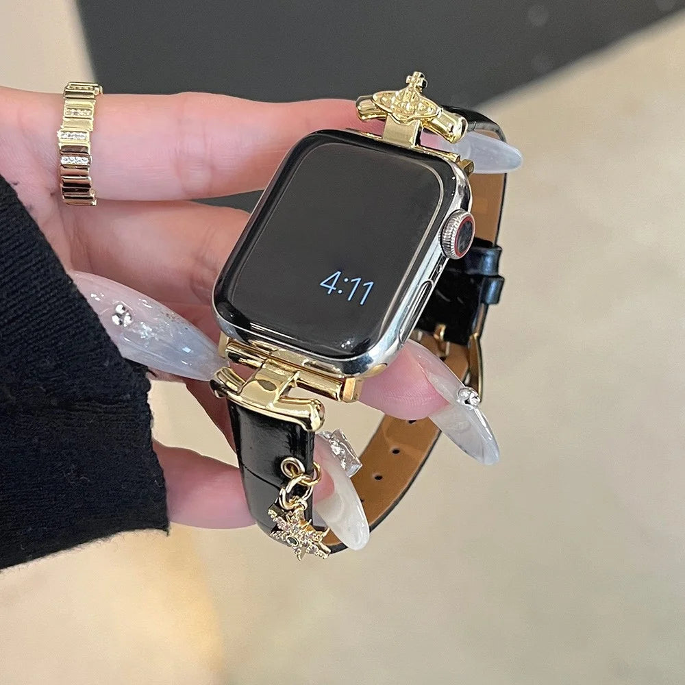 For Apple Watch Series 11 10 42mm / 9 8 7 41mm / SE3 SE2 SE 6 5 4 40mm / 3 2 1 38mm Strap with Saturn Pendant - Dark Brown - 3