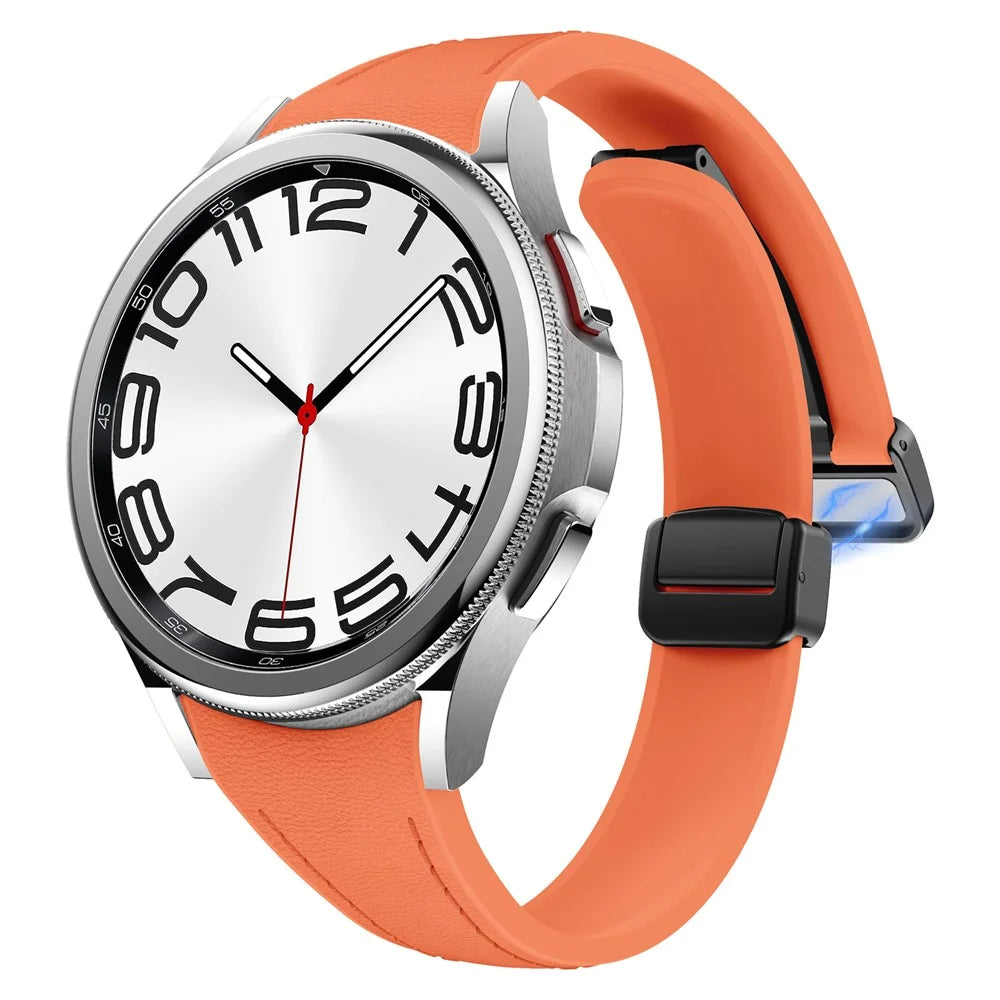 For Samsung Watch FE 40mm / Watch4 Classic Active / Watch 5 / Watch6 Classic Magnetic Buckle Leather+Silicone Strap - Orange+Black Buckle - 4