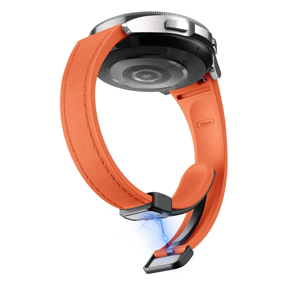 For Samsung Watch FE 40mm / Watch4 Classic Active / Watch 5 / Watch6 Classic Magnetic Buckle Leather+Silicone Strap - Orange+Black Buckle - 5