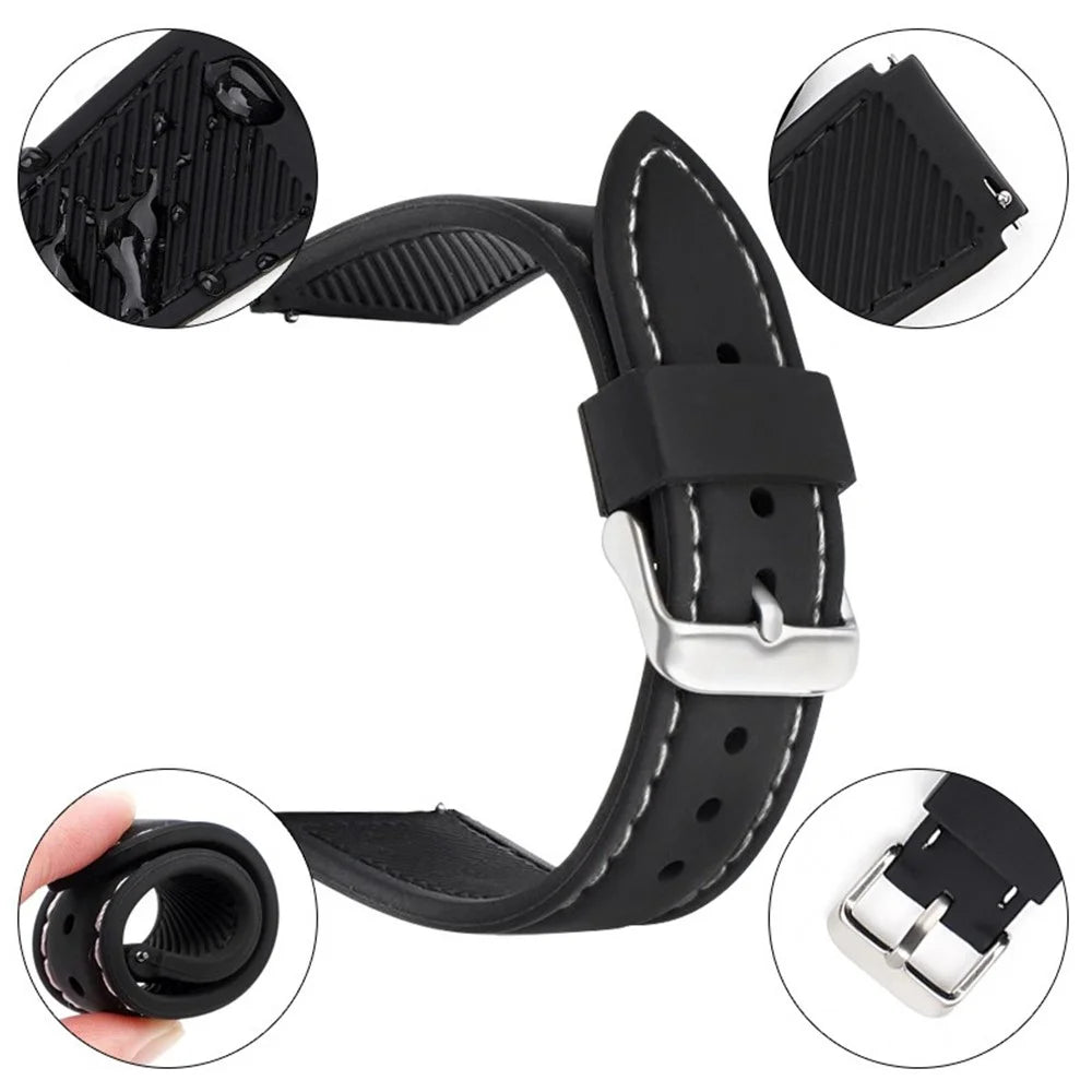 For Huawei Watch GT 2 / 3 / 3 Pro / Samsung Galaxy Watch6 Classic Band 20mm Waterproof Fluorubber Watch Strap - Black+White Thread - 2