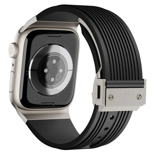 For Apple Watch Ultra 3 2 1 49mm / Series 11 10 46mm / 9 8 7 45mm / SE3 SE2 SE 6 5 4 44mm / 3 2 1 42mm Silicone Watch Band - Titanium Buckle / Black Strap - 1