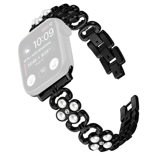 For Apple Watch Series 11 10 42mm / 9 8 7 41mm / SE3 SE2 SE 6 5 4 40mm / 3 2 1 38mm Stainless Steel Band Pearl Four Leaf Clover Watch Strap - Black - 1
