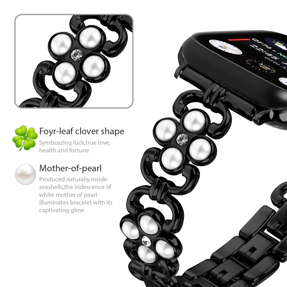 For Apple Watch Series 11 10 42mm / 9 8 7 41mm / SE3 SE2 SE 6 5 4 40mm / 3 2 1 38mm Stainless Steel Band Pearl Four Leaf Clover Watch Strap - Black - 5