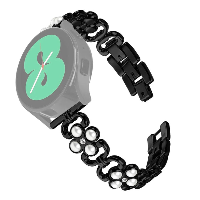For Honor MagicWatch 2 42mm Watch Strap Pearl Decor Four Leaf Clover Stainless Steel Band - Black - 1