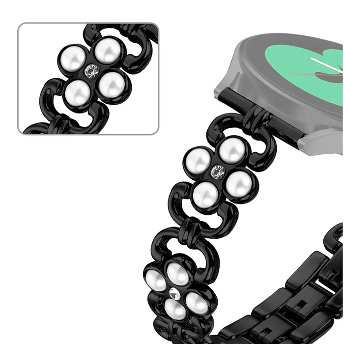 For Honor MagicWatch 2 42mm Watch Strap Pearl Decor Four Leaf Clover Stainless Steel Band - Black - 2