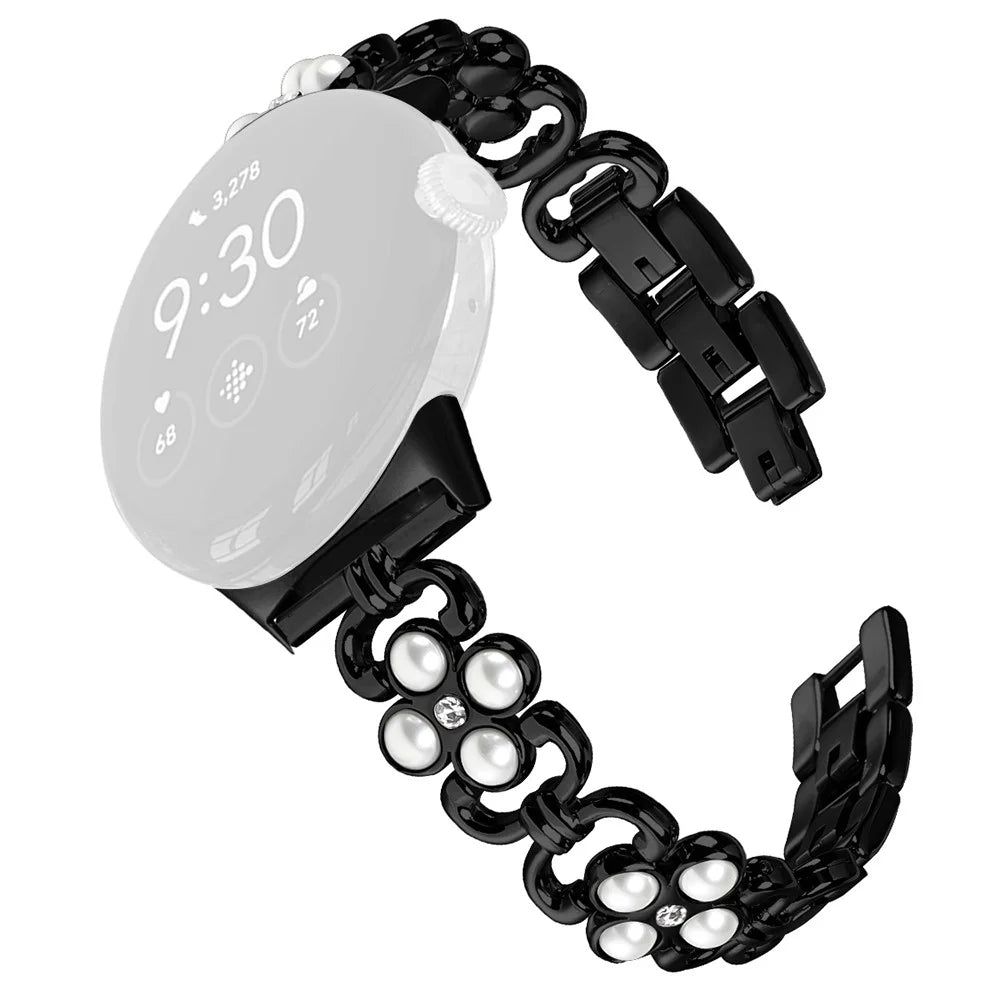 Stainless Steel Band for Google Pixel 2 Pearl Decor Four Leaf Clover Watch Strap - Black - 1