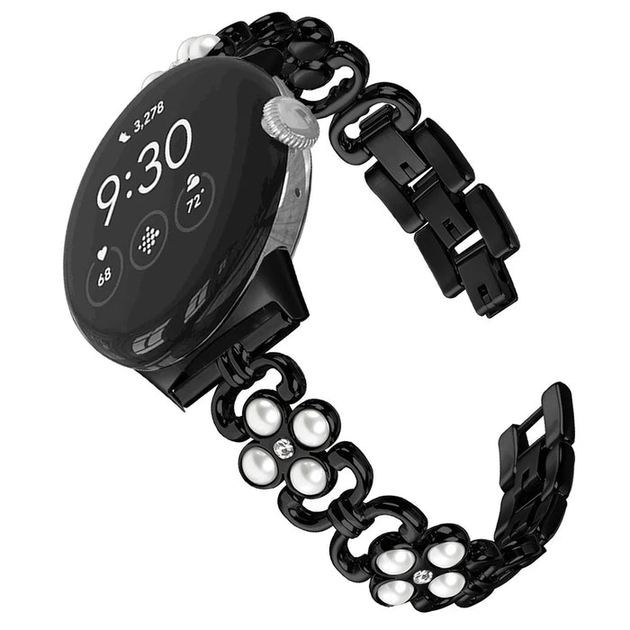 Stainless Steel Band for Google Pixel 2 Pearl Decor Four Leaf Clover Watch Strap - Black - 2