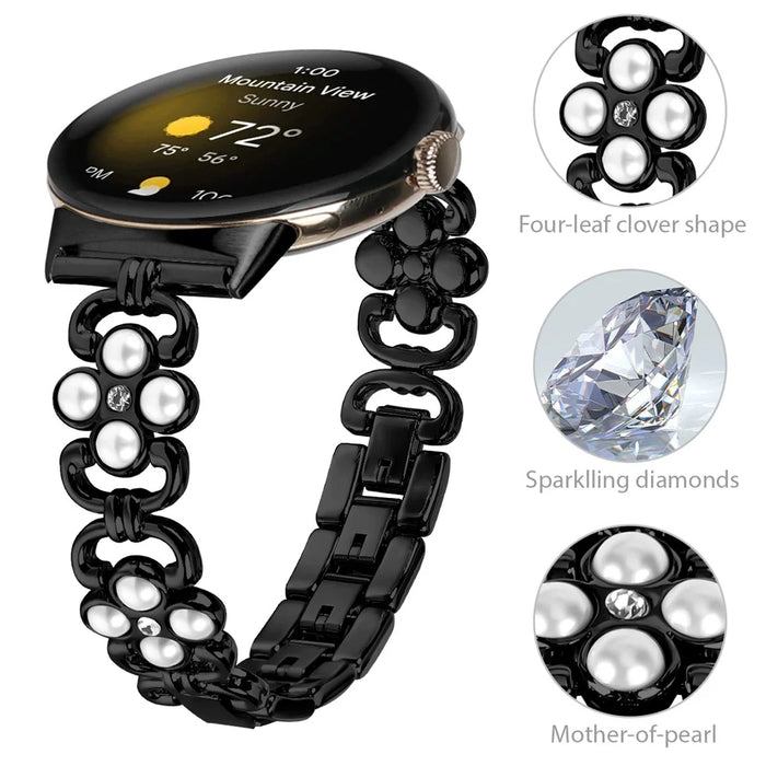 Stainless Steel Band for Google Pixel 2 Pearl Decor Four Leaf Clover Watch Strap - Black - 4