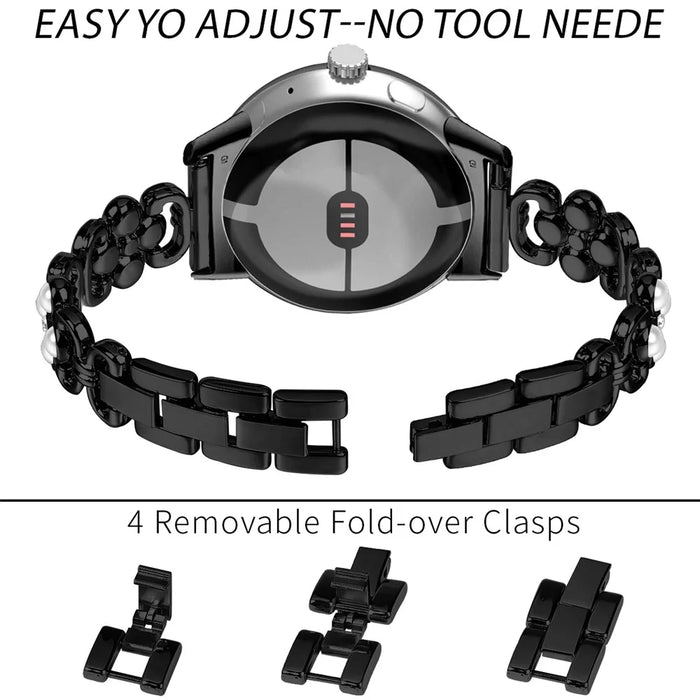 Stainless Steel Band for Google Pixel 2 Pearl Decor Four Leaf Clover Watch Strap - Black - 6