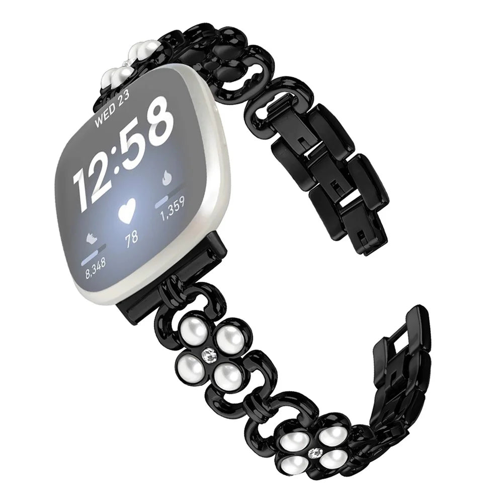 For Fitbit Versa 3 / Fitbit Sense   Stainless Steel Watch Band with Pearl Decor - Black - 1