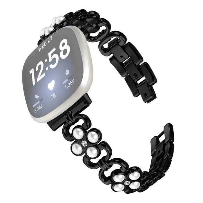 For Fitbit Versa 3 / Fitbit Sense   Stainless Steel Watch Band with Pearl Decor - Black - 1