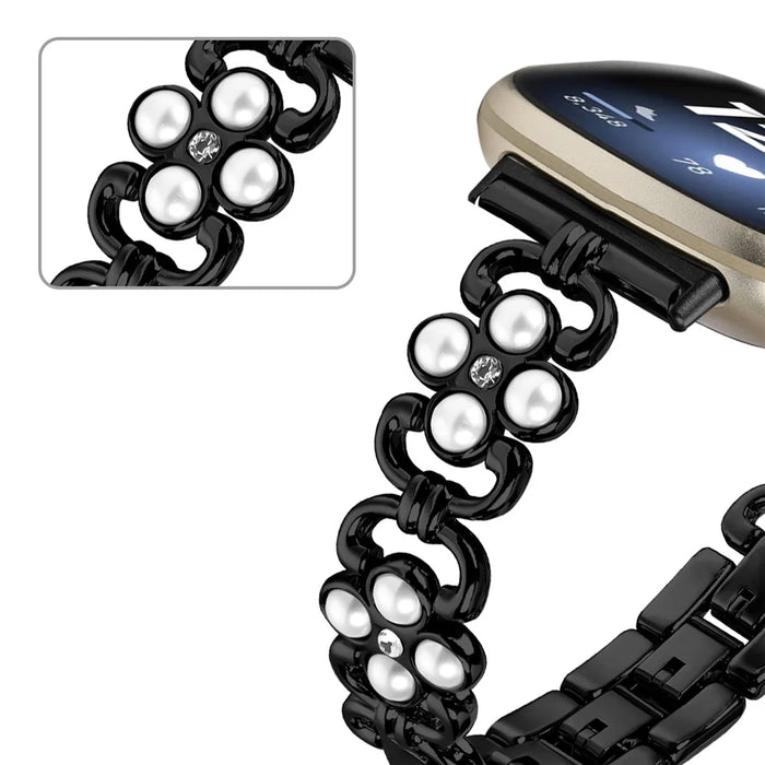 For Fitbit Versa 3 / Fitbit Sense   Stainless Steel Watch Band with Pearl Decor - Black - 4