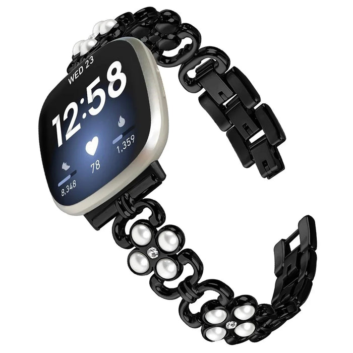 For Fitbit Versa 4 / Fitbit Sense 2 Watch Strap Pearl Decor Four Leaf Clover Stainless Steel Wrist Band - Black - 2