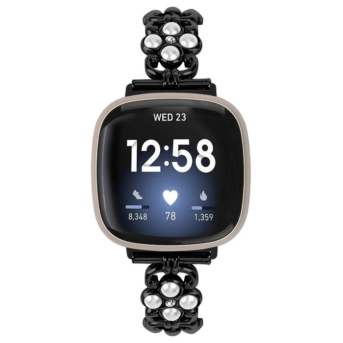 For Fitbit Versa 4 / Fitbit Sense 2 Watch Strap Pearl Decor Four Leaf Clover Stainless Steel Wrist Band - Black - 3