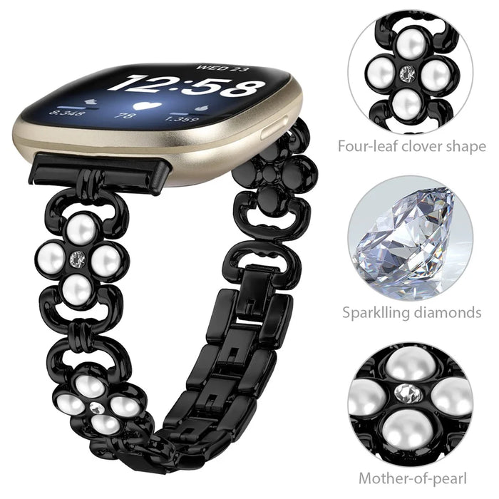 For Fitbit Versa 4 / Fitbit Sense 2 Watch Strap Pearl Decor Four Leaf Clover Stainless Steel Wrist Band - Black - 4