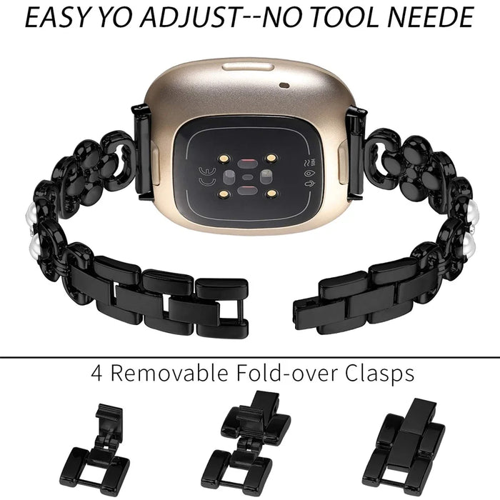 For Fitbit Versa 4 / Fitbit Sense 2 Watch Strap Pearl Decor Four Leaf Clover Stainless Steel Wrist Band - Black - 6