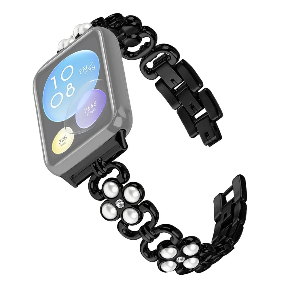 Watch Strap for Xiaomi Smart Band 10 Pro / 9 Pro / 8 Pro / Redmi Watch 6 / 5 / 4 Pearl Decor Four Leaf Clover Stainless Steel Band - Black - 1