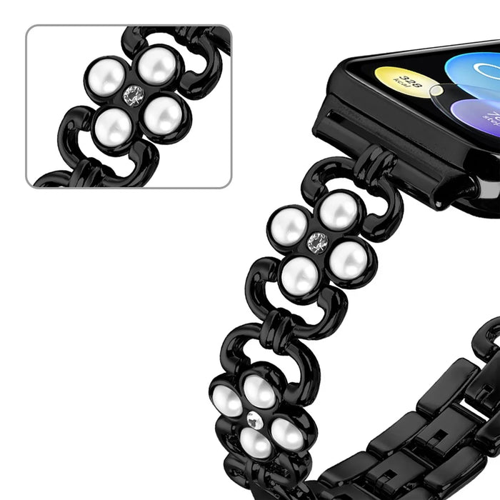 Watch Strap for Xiaomi Smart Band 10 Pro / 9 Pro / 8 Pro / Redmi Watch 6 / 5 / 4 Pearl Decor Four Leaf Clover Stainless Steel Band - Black - 4