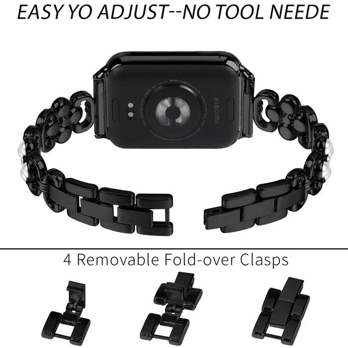 Watch Strap for Xiaomi Smart Band 10 Pro / 9 Pro / 8 Pro / Redmi Watch 6 / 5 / 4 Pearl Decor Four Leaf Clover Stainless Steel Band - Black - 5