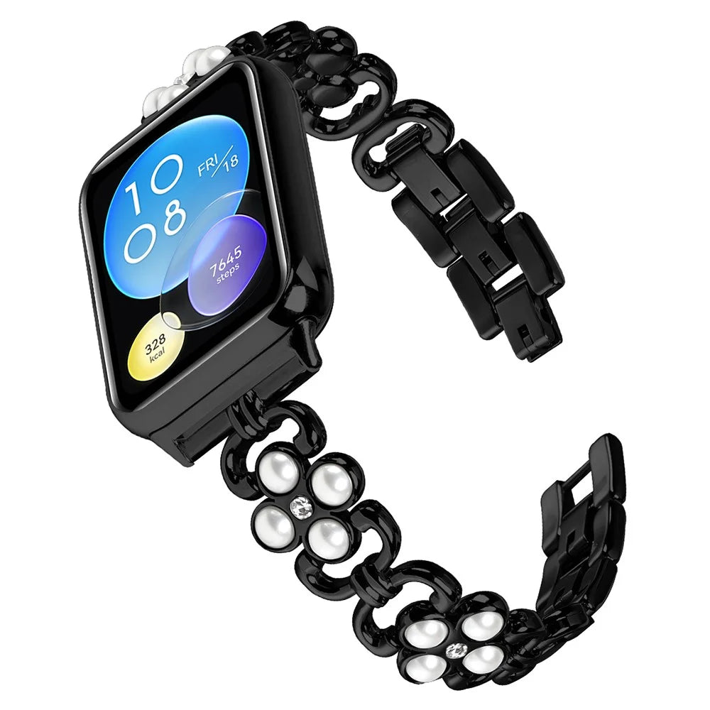 For Xiaomi Redmi 4 Wrist Bracelet Pearl Decor Four Leaf Clover Stainless Steel Watch Band - Black - 2