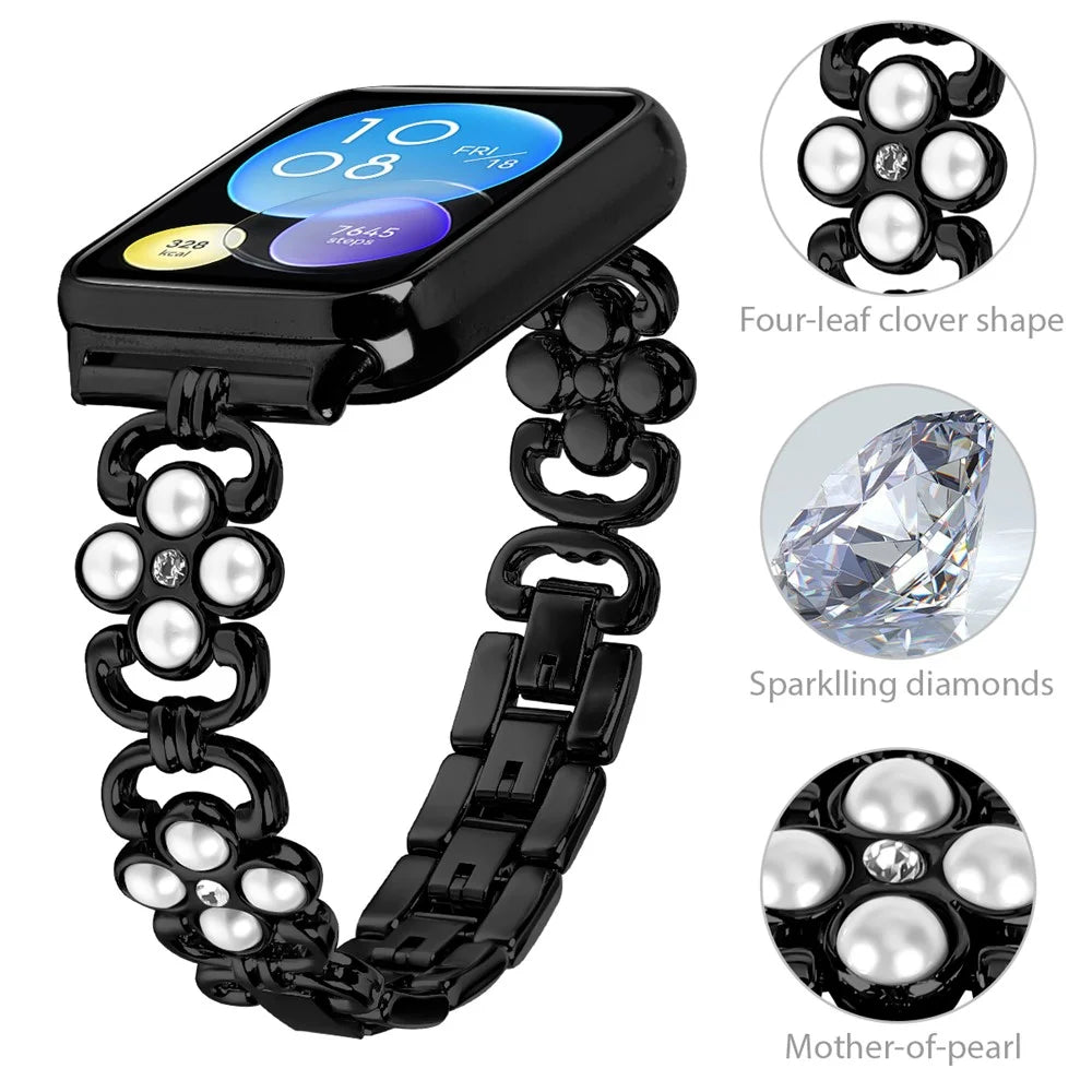 For Xiaomi Redmi 4 Wrist Bracelet Pearl Decor Four Leaf Clover Stainless Steel Watch Band - Black - 4