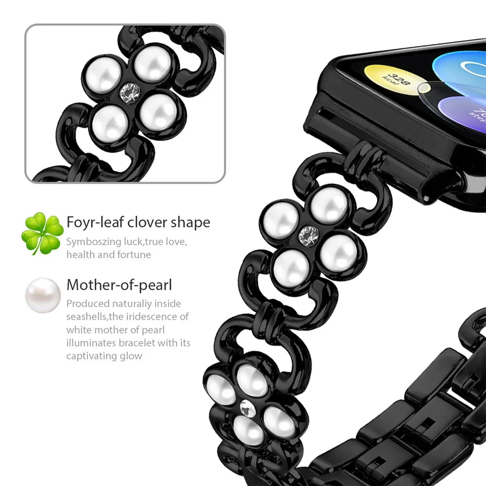 For Xiaomi Redmi 4 Wrist Bracelet Pearl Decor Four Leaf Clover Stainless Steel Watch Band - Black - 5