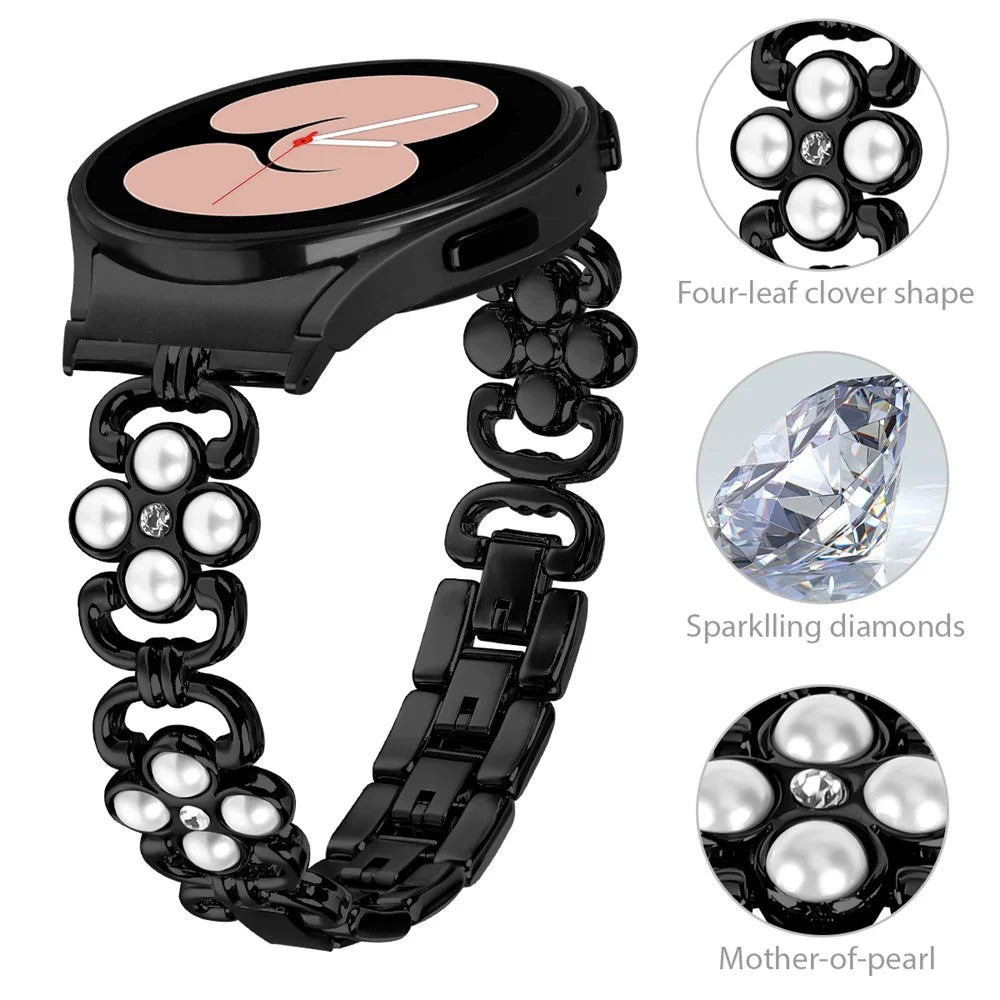 For Samsung Galaxy Watch6 40mm 44mm / Watch6 Classic 43mm 47mm Quick Release Four Leaf Clover Stainless Steel Watch Strap - Black - 3