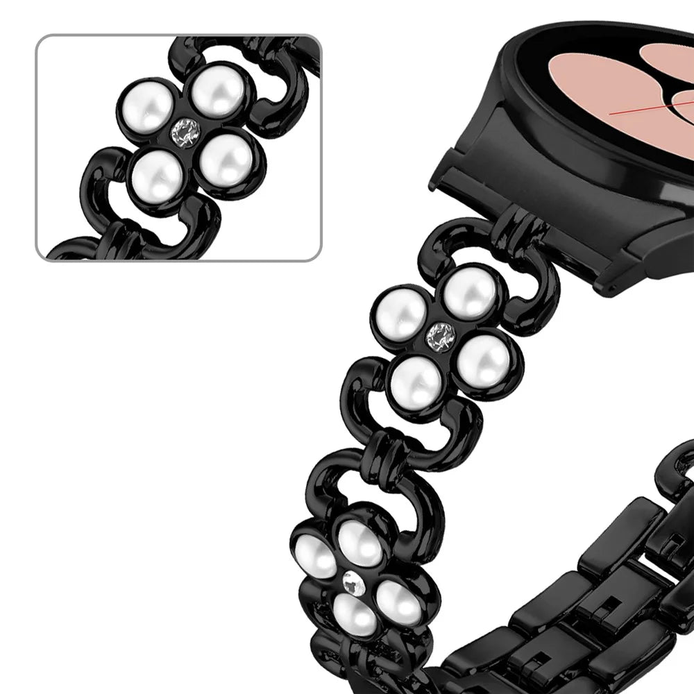 For Samsung Galaxy Watch6 40mm 44mm / Watch6 Classic 43mm 47mm Quick Release Four Leaf Clover Stainless Steel Watch Strap - Black - 4