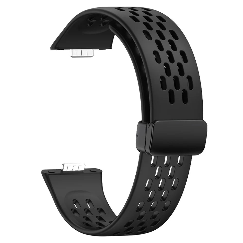 For Huawei Watch Fit 3 Silicone Watch Band Hollow-Out Strap with Magnetic Folding Buckle - Black - 1