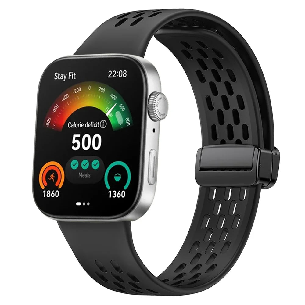 For Huawei Watch Fit 3 Silicone Watch Band Hollow-Out Strap with Magnetic Folding Buckle - Black - 3