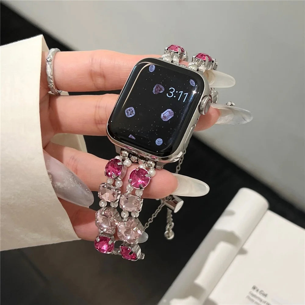 For Apple Watch Series 11 10 42mm / 9 8 7 41mm / SE3 SE2 SE 6 5 4 40mm / 3 2 1 38mm Jewelry Wristband Rhinestone Bracelet - Pink - 4