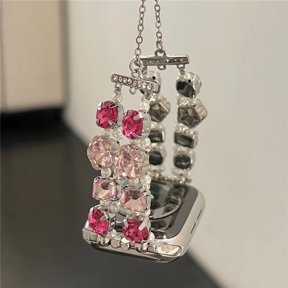 For Apple Watch Series 11 10 42mm / 9 8 7 41mm / SE3 SE2 SE 6 5 4 40mm / 3 2 1 38mm Jewelry Wristband Rhinestone Bracelet - Pink - 5