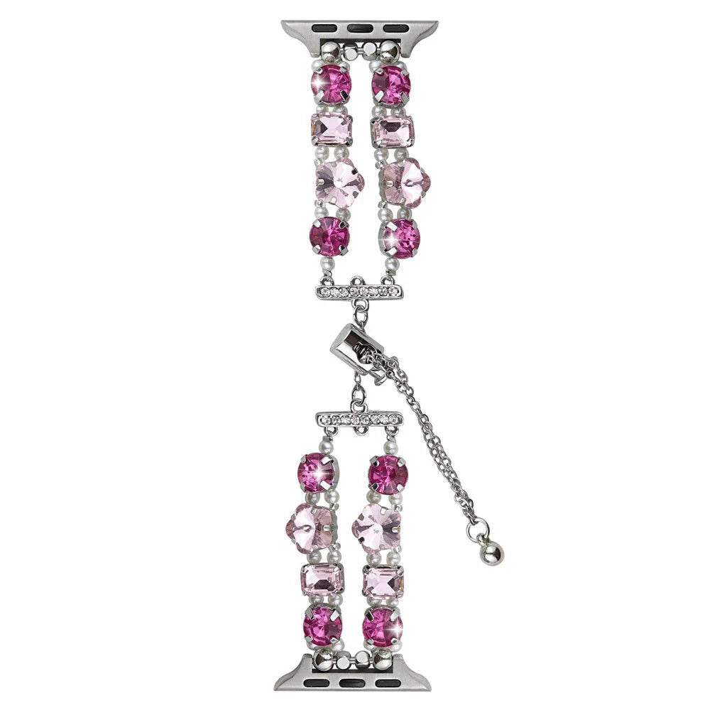 For Apple Watch Ultra 3 2 1 49mm / Series 11 10 46mm / 9 8 7 45mm / SE3 SE2 SE 6 5 4 44mm / 3 2 1 42mm Watch Band Rhinestone Chain Bracelet - Pink - 1